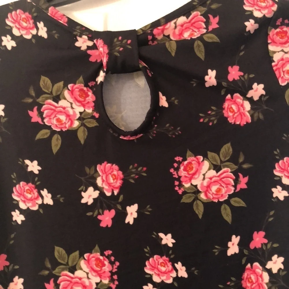 BTWEEN Girls Stretchy Dress Black Pink Rose Floral Keyhole Back Size L 10/12 NWT